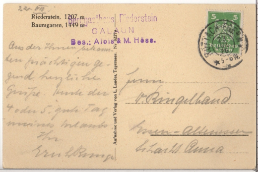 ALTE ANSICHTSKARTE/ POSTKARTE - RIEDERSTEIN/ BAUMGARTEN - STEMPEL GASTHAUS RIEDERSTEIN GALAUN