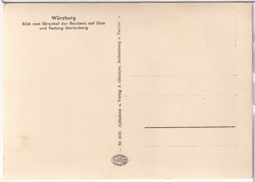 ANSICHTSKARTE/ POSTKARTE - WÜRZBURG - BLICK VOM EHRENHOF DER RESIDENZ AUF DOM UND FESTUNG MARIENBERG