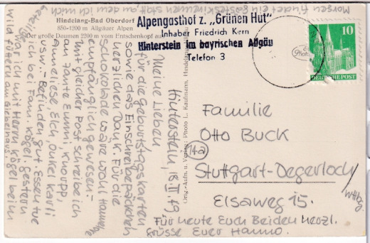 ALTE ANSICHTSKARTE - HINDELANG-BAD OBERDORF, STEMPEL ALPENGASTHOF z. GRÜNEN HUT, HINTERSTEIN