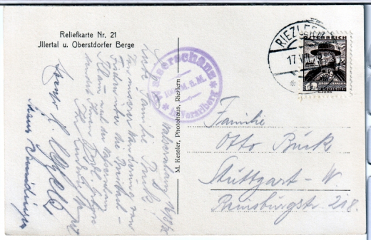 ALTE ANSICHTSKARTE/ RELIEFKARTE - ILLERTAL UND OBERSTDORFER BERGE - STEMPEL WALSERSCHANZ IN VORARLBERG