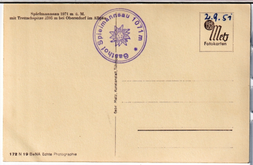 ALTE ANSICHTSKARTE/ POSTKARTE - OBERSTDORF - GASTHOF SPIELMANNSAU MIT TRETTSPITZE - STEMPEL GASTHOF SPIELMANNSAU