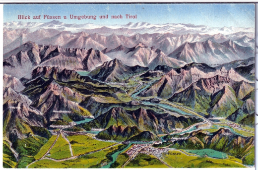ALTE ANSICHTSKARTE/ RELIEFKARTE - BLICK AUF FÜSSEN UND UMGEBUNG UND NACH TIROL