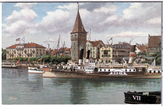 ALTE ANSICHTSKARTE/ POSTKARTE - LINDAU IM BODENSEE - HAFENPARTIE MIT D. A. LEUCHTTURM & DAMPFER RHEIN