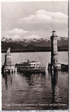 ANSICHTSKARTE/POSTKARTE - LINDAU BODENSEE - HAFENEINFAHRT, DAMPFER BADEN, MIT SCESAPLANA & DREI SCHWESTERN