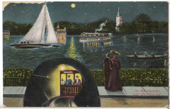 ALTE ANSICHTSKARTE/ POSTKARTE - BERLIN - IM MONDSCHEIN AUF DER SPREE, UNTER DER SPREE: TUNNELBAHN